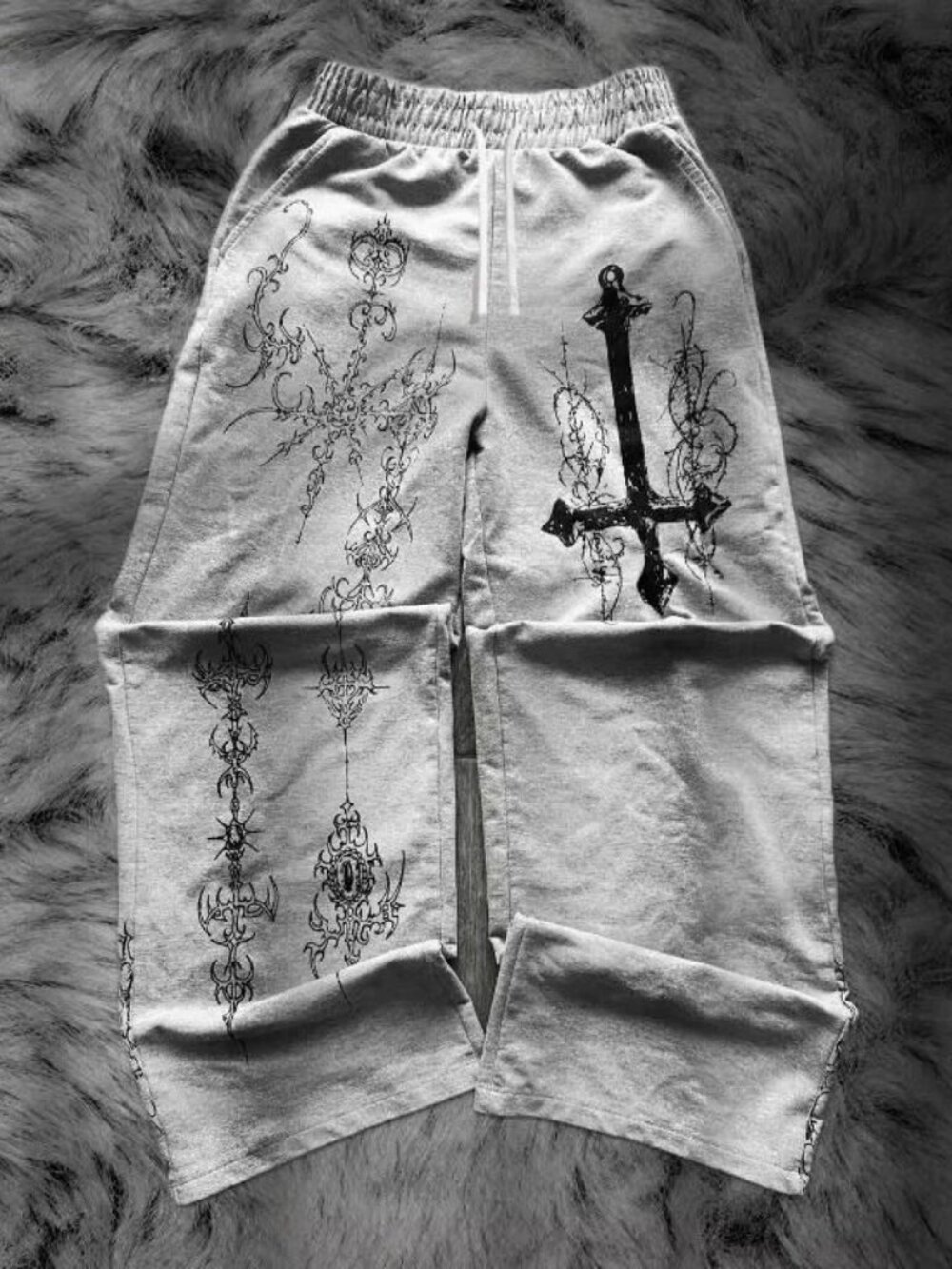 Y2K Gothic Cross Print Wide Leg Sweatpants Grey Baggy Unisex Streetwear